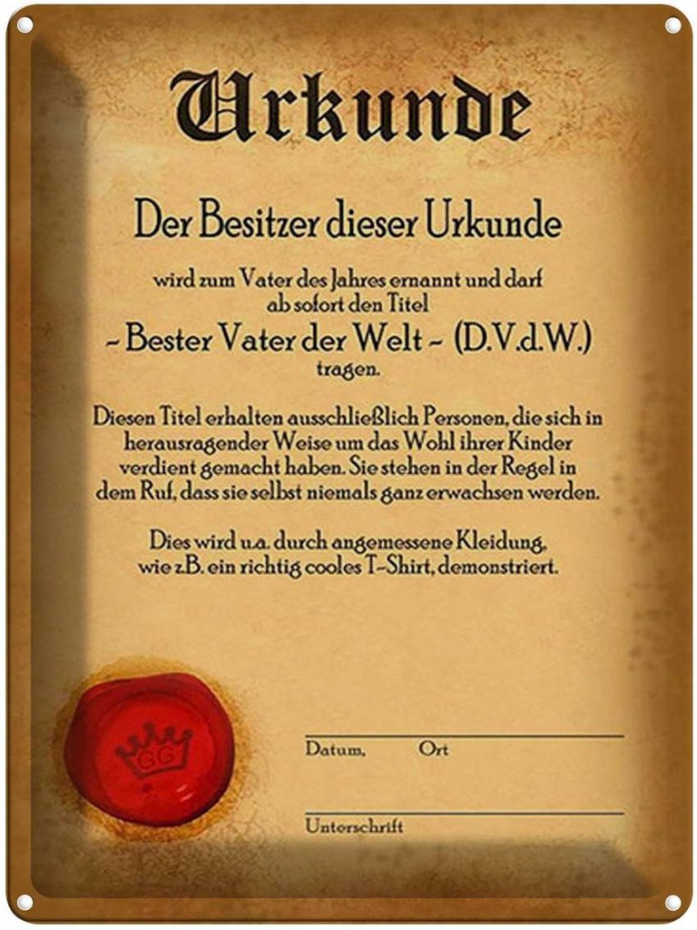 [LA-1792158] Blechschild 40x30 cm Vater Urkunde bester der Welt Spruch Zitat
