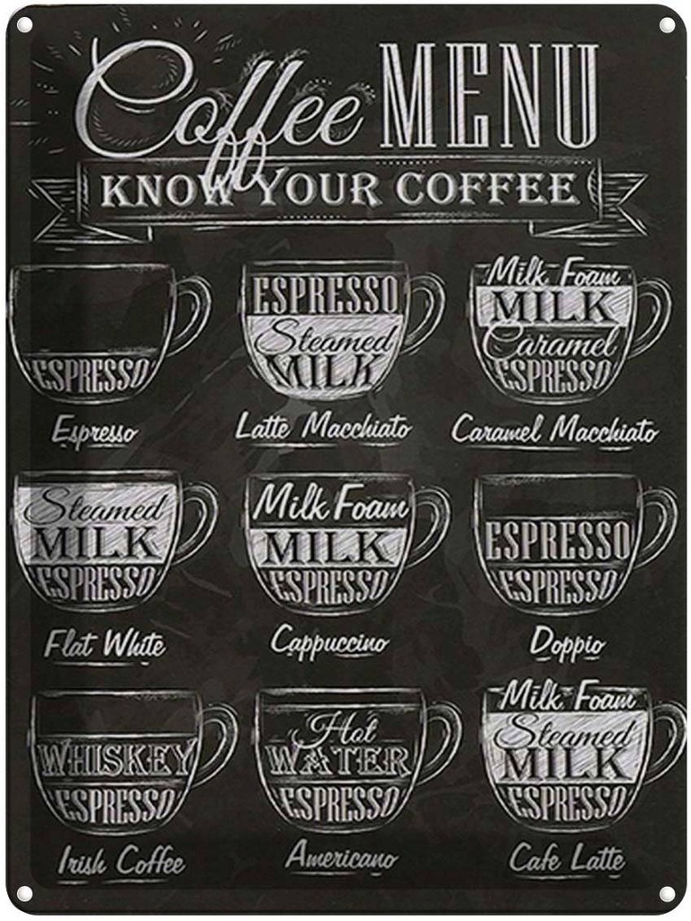 [LA-1792172] Blechschild 40x30 cm Kaffee Coffee Menu Espresso Latte Flat