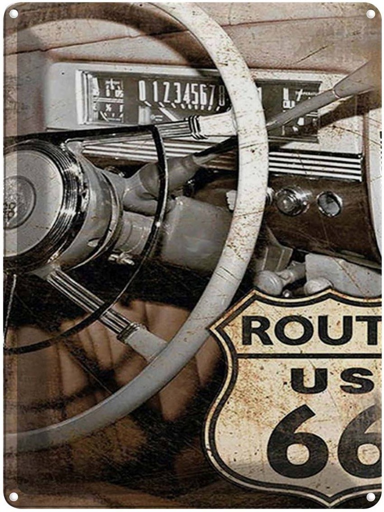 [LA-1792182] Blechschild 40x30 cm Retro Auto Lenkrad Route US 66