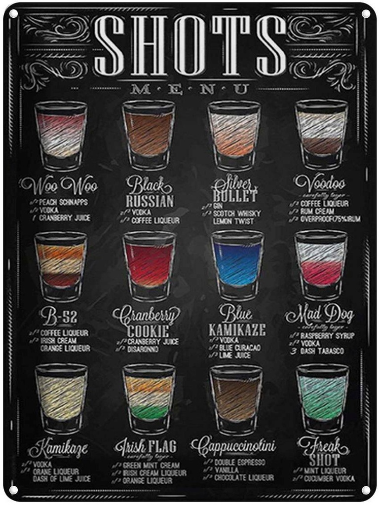 [LA-1792218] Blechschild 40x30 cm Alkohol Shots Menu Woo Black russian