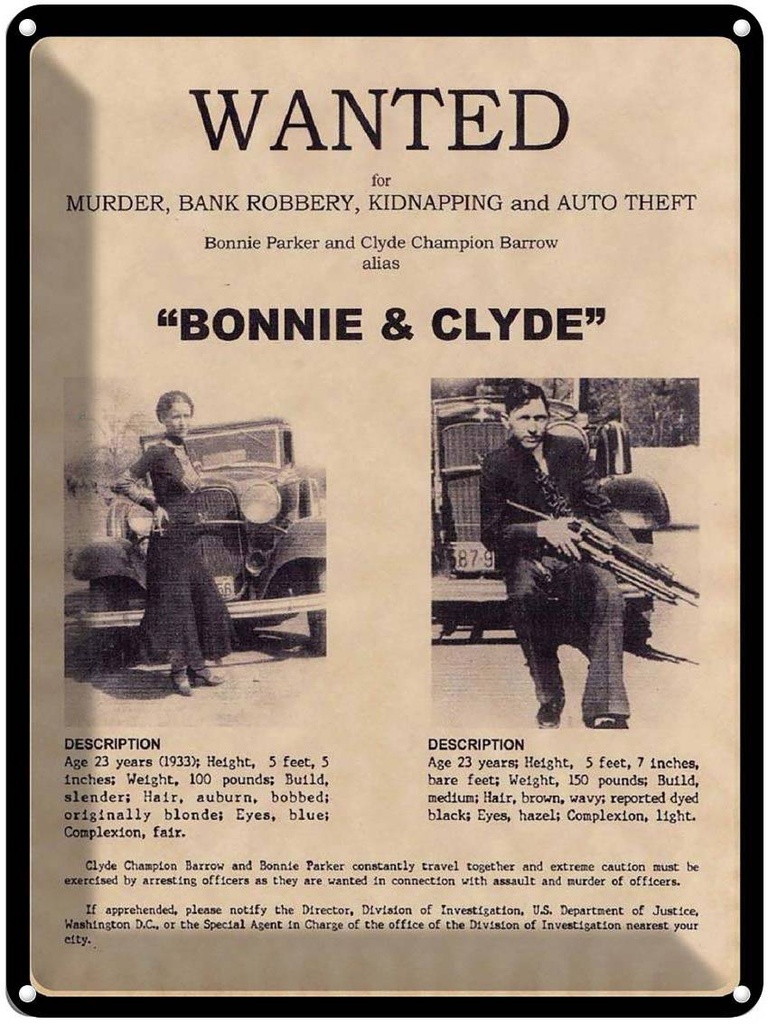 [LA-1792234] Blechschild 40x30 cm wanted Bonnie Clyde