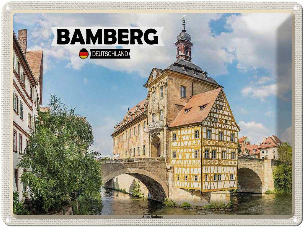 Blechschild 30x40 cm Bamberg Altes Rathaus Fluss Bildmotiv Reisemotiv Abenteuer Reisen