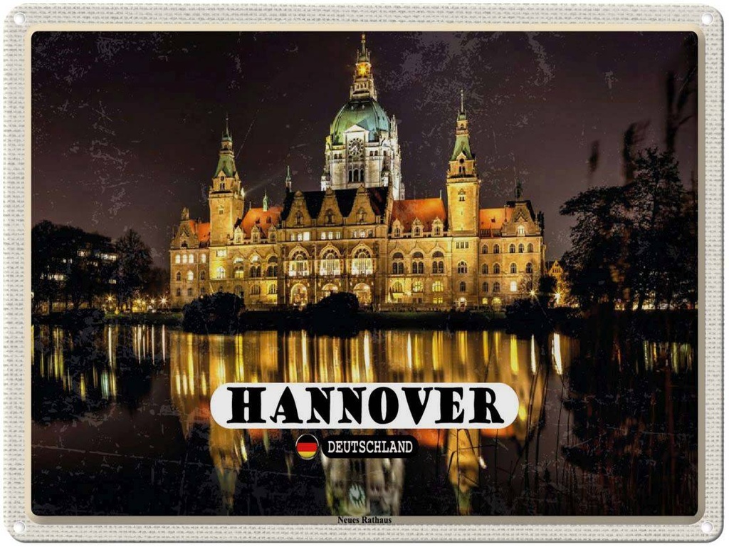 Blechschild 30x40 cm Hannover Neues Rathaus Abend Bildmotiv Reisemotiv Abenteuer Reisen