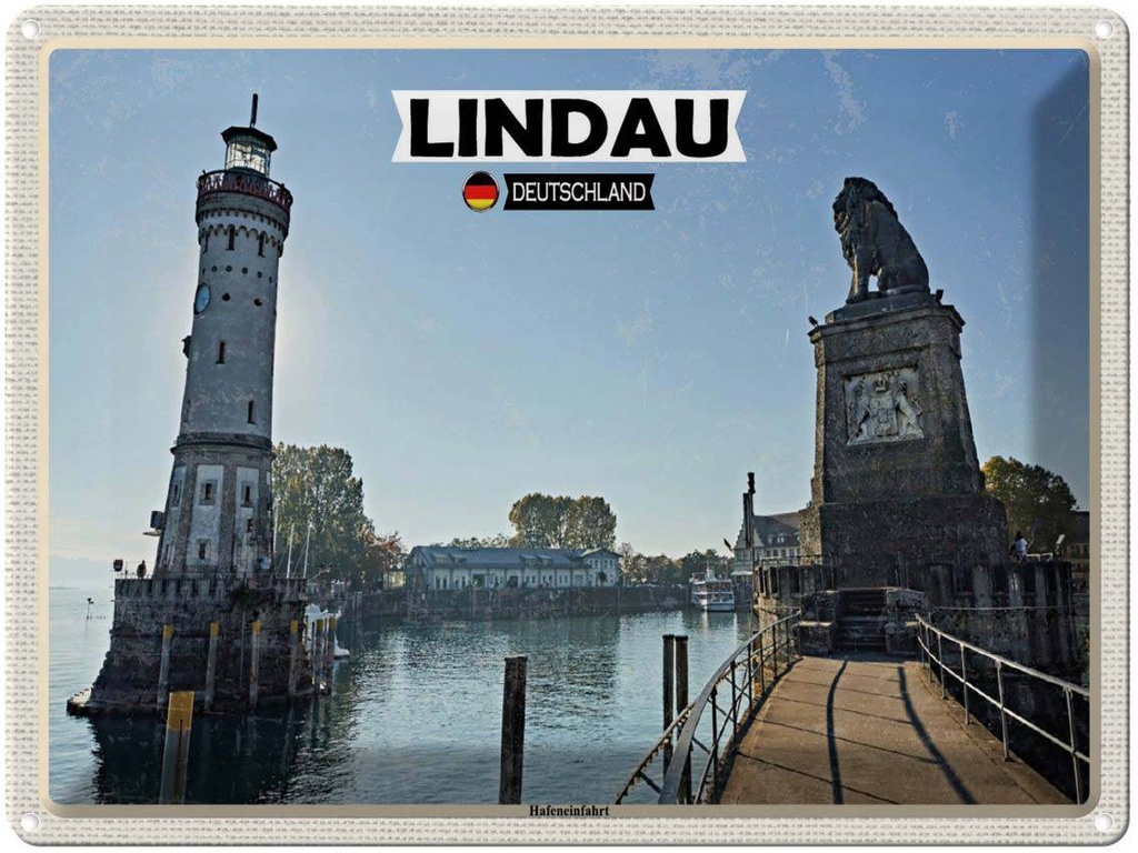 Blechschild 30x40 cm Lindau Hafeneinfahrt Fluss Gebäude Bildmotiv Reisemotiv Abenteuer Reisen
