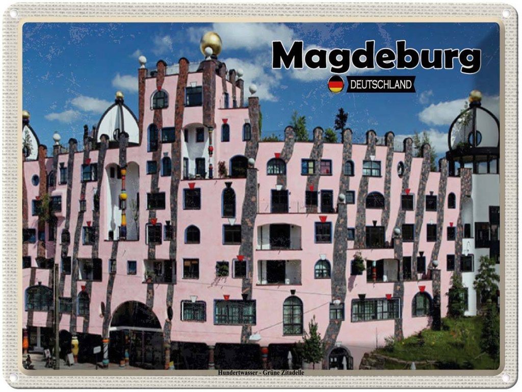 Blechschild 30x40 cm Magdeburg Hundertwasser Gebäude Bildmotiv Reisemotiv Abenteuer Reisen