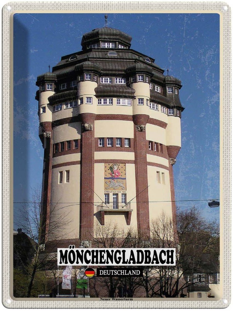 Blechschild 40x30 cm Mönchengladbach Neuer Wasserturm Bildmotiv Reisemotiv Abenteuer Reisen