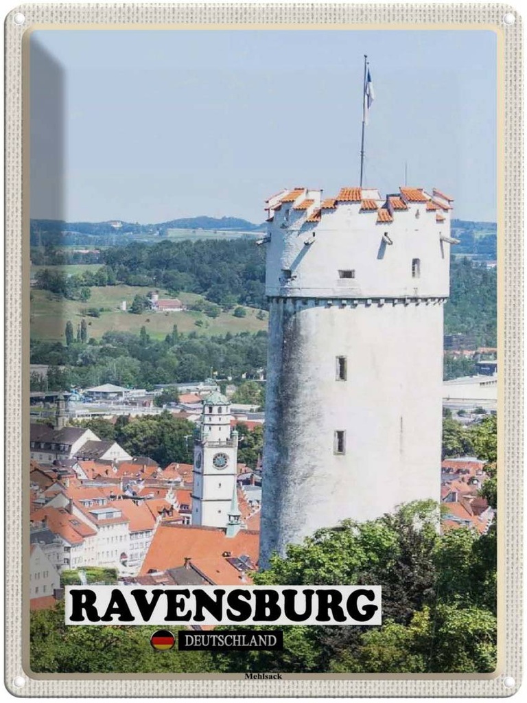 Blechschild 40x30 cm Ravensburg Mehlsack Bildmotiv Reisemotiv Abenteuer Reisen