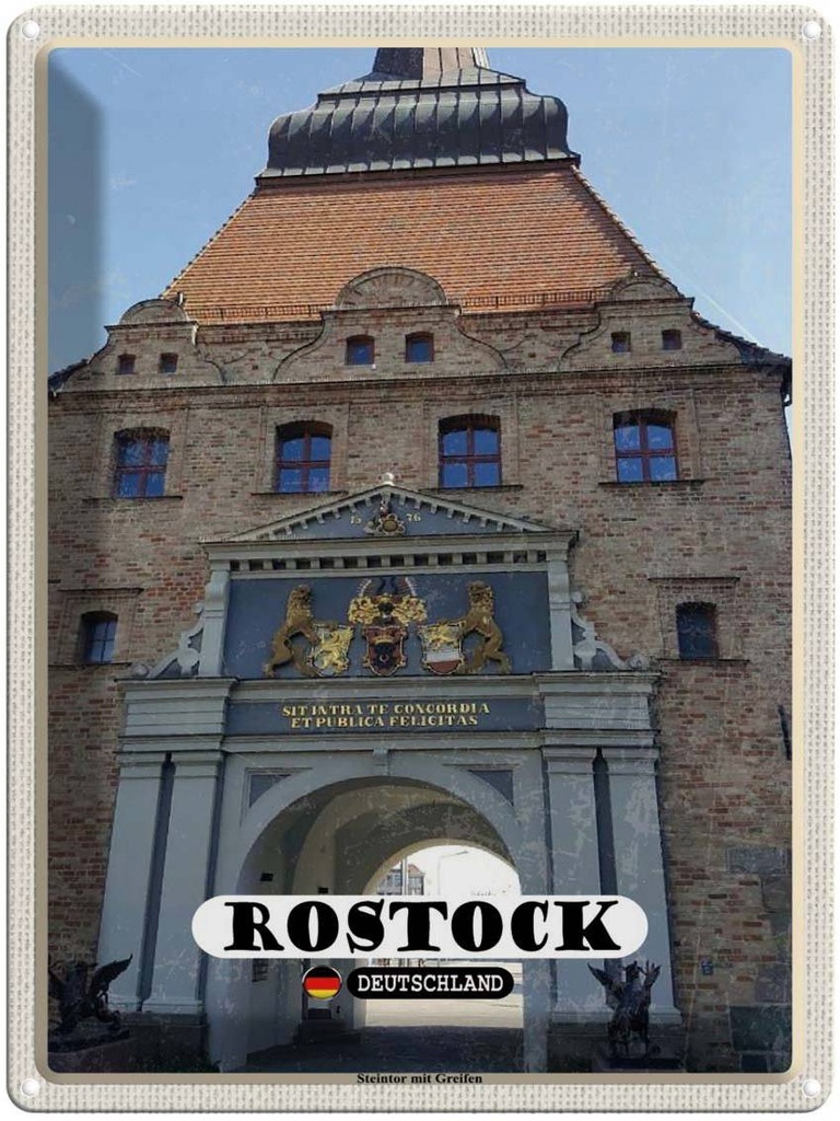 Blechschild 40x30 cm Rostock Steintor mit Greifen Bildmotiv Reisemotiv Abenteuer Reisen