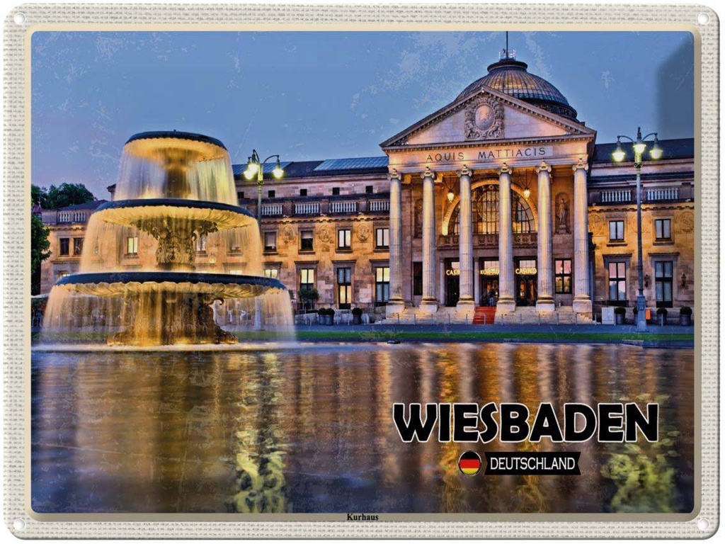 Blechschild 30x40 cm Wiesbaden Kurhaus Brunnen Bildmotiv Reisemotiv Abenteuer Reisen