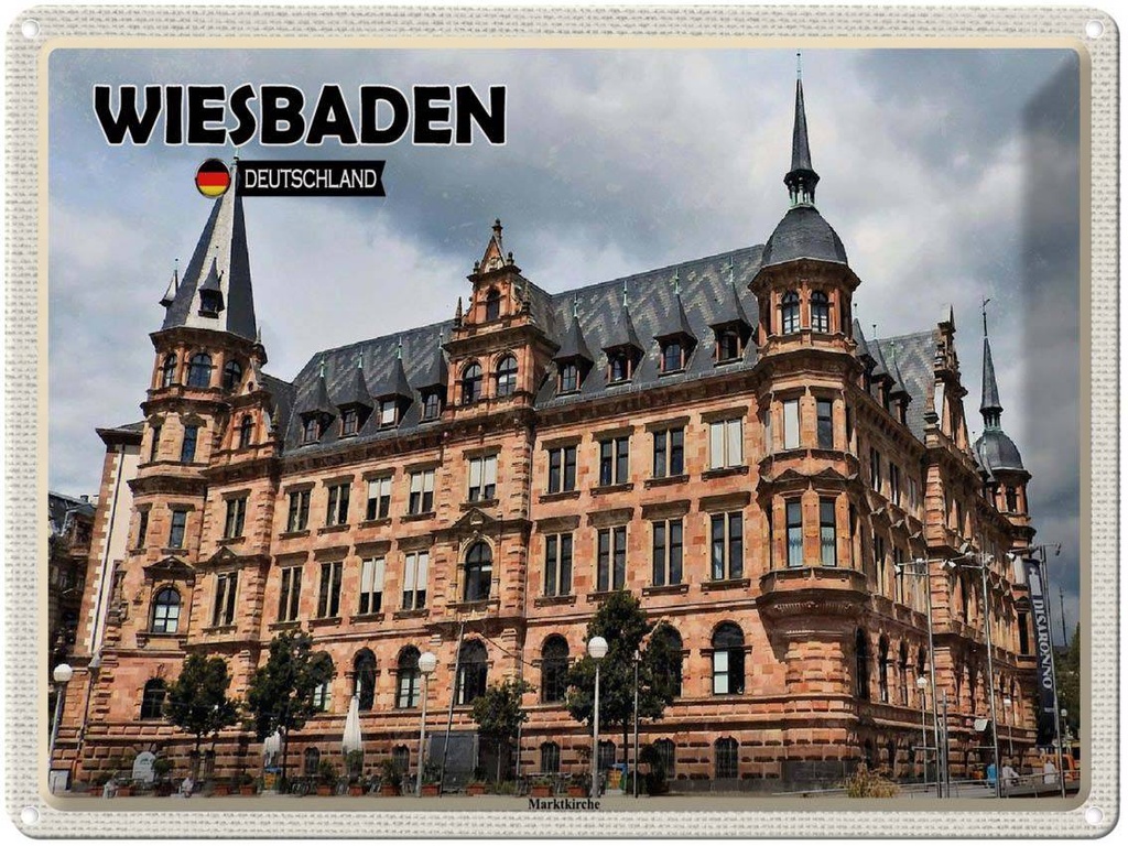 Blechschild 30x40 cm Wiesbaden Marktkirche Mittelalter Bildmotiv Reisemotiv Abenteuer Reisen