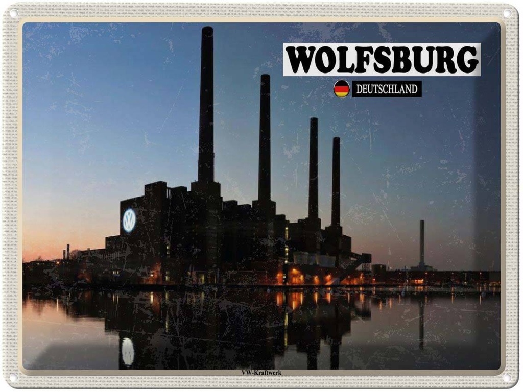 Blechschild 30x40 cm Wolfsburg VW-Kraftwerk Fluss Bildmotiv Reisemotiv Abenteuer Reisen