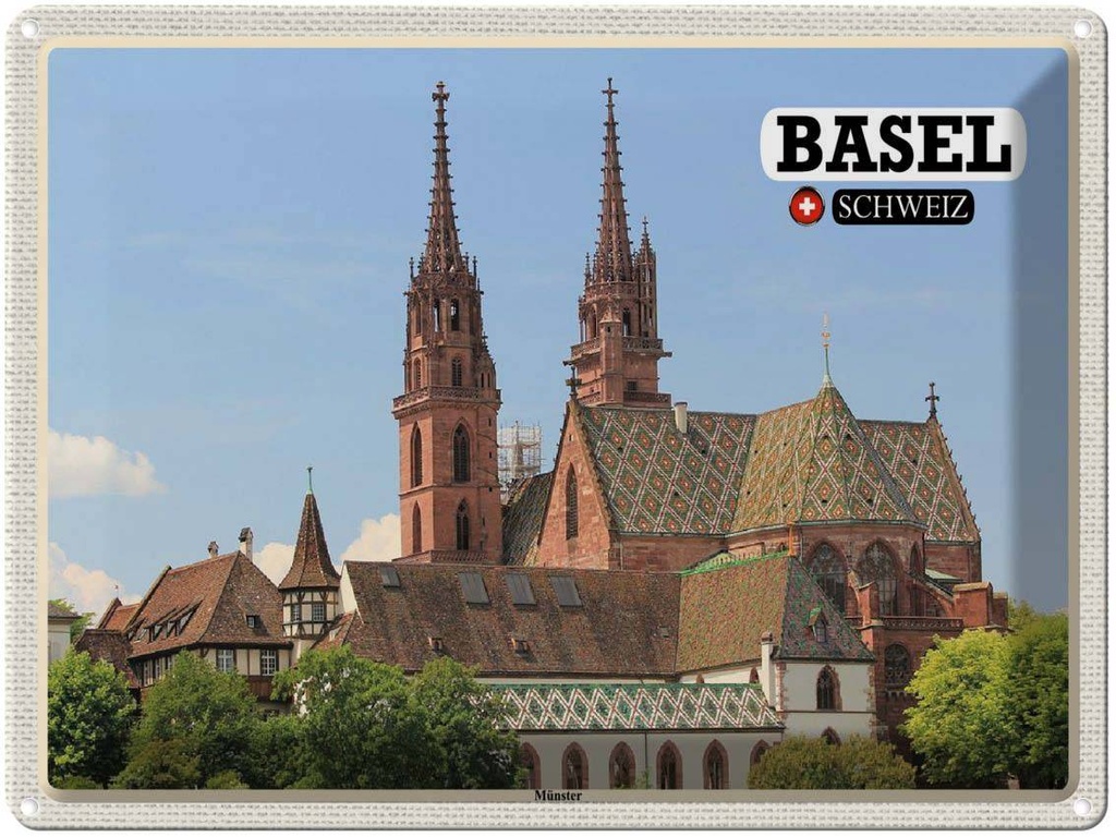 [LA-1792469] Blechschild 30x40 cm Basel Schweiz Münster Kirche Bildmotiv Reisemotiv Abenteuer Reisen