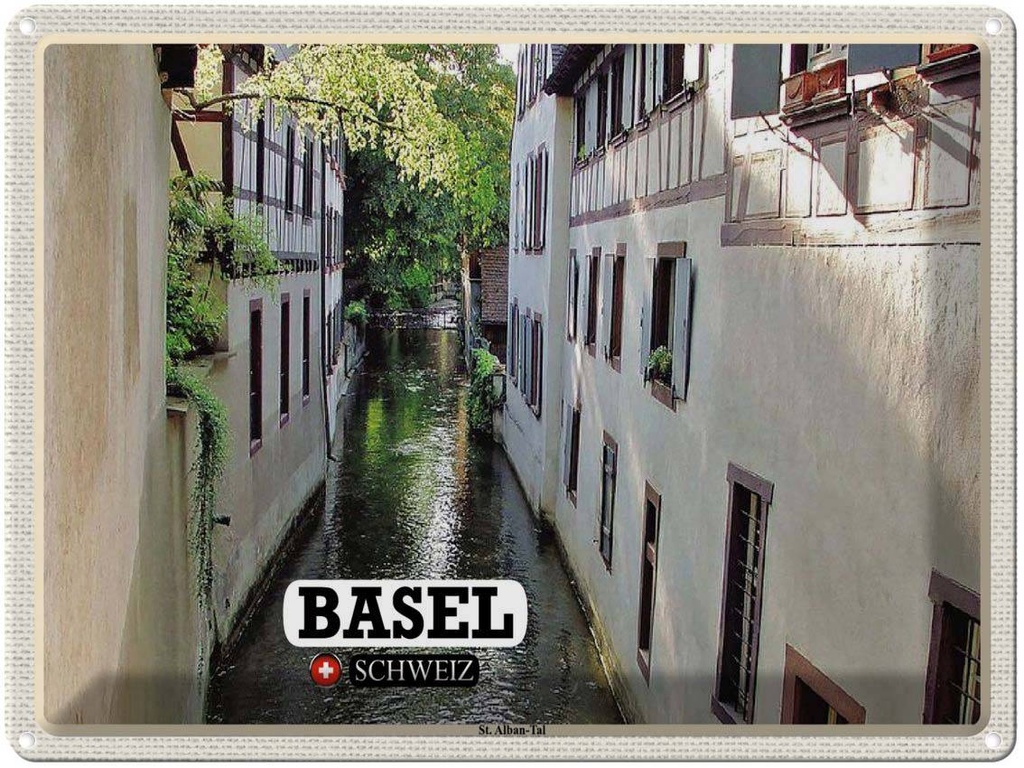 [LA-1792471] Blechschild 30x40 cm Basel Schweiz St. Alban-Tal Gebäude Bildmotiv Reisemotiv Abenteuer Reisen