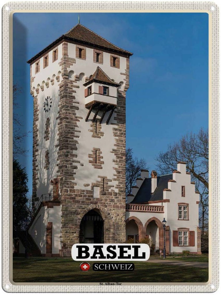 [LA-1792472] Blechschild 40x30 cm Basel Schweiz St. Alban-Tor Bildmotiv Reisemotiv Abenteuer Reisen