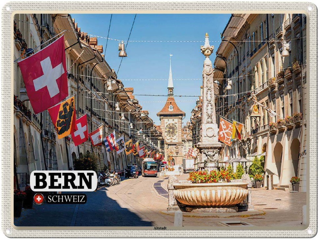 [LA-1792473] Blechschild 30x40 cm Bern Schweiz Altstadt Flaggen Bildmotiv Reisemotiv Abenteuer Reisen