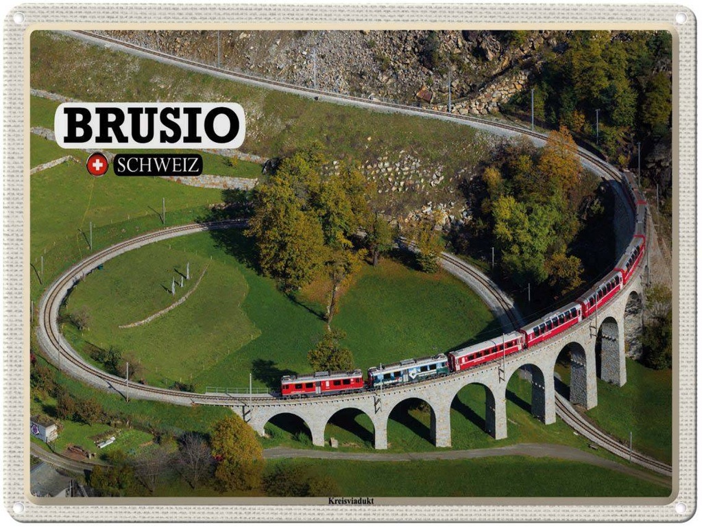 [LA-1792476] Blechschild 30x40 cm Brusio Schweiz Kreisviadukt Zug Bildmotiv Reisemotiv Abenteuer Reisen