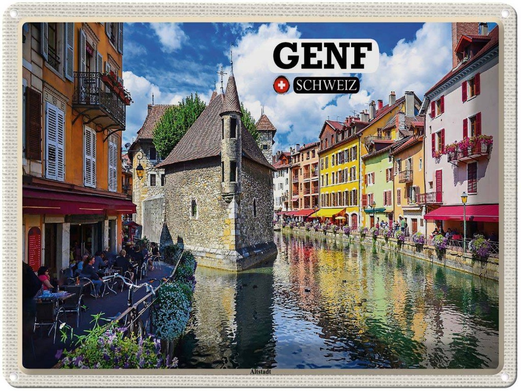 [LA-1792478] Blechschild 30x40 cm Genf Schweiz Altstadt Fluss Bildmotiv Reisemotiv Abenteuer Reisen