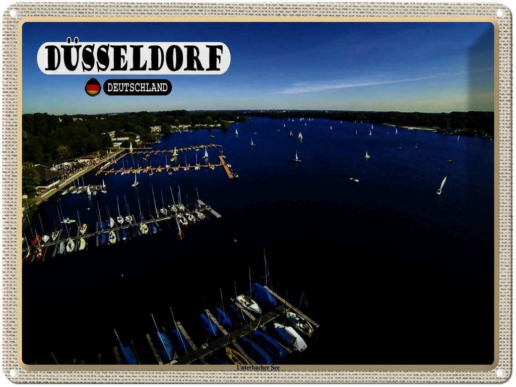 [LA-1792613] Blechschild 30x40 cm Düsseldorf Unterbacher See Boot Bildmotiv Reisemotiv Abenteuer Reisen