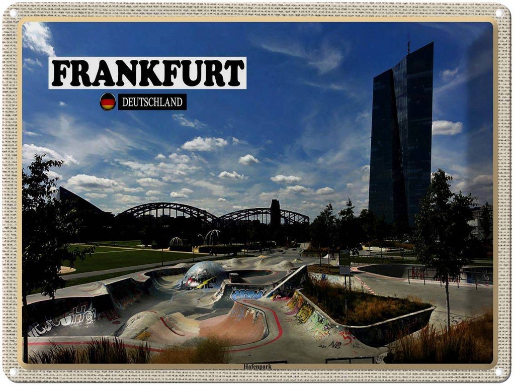[LA-1792622] Blechschild 30x40 cm Frankfurt Hafenpark Skatepark Bildmotiv Reisemotiv Abenteuer Reisen