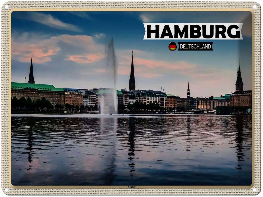 [LA-1792636] Blechschild 30x40 cm Hamburg Alster Blick auf Fluss Bildmotiv Reisemotiv Abenteuer Reisen