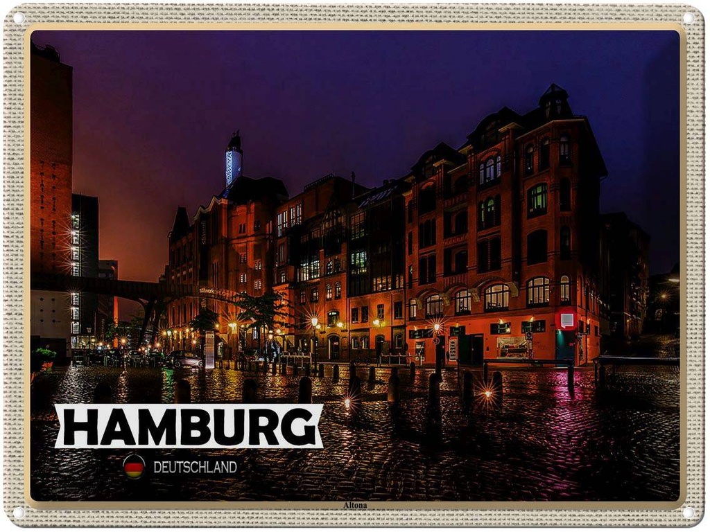 [LA-1792637] Blechschild 30x40 cm Hamburg Altona Stadt Nacht Bildmotiv Reisemotiv Abenteuer Reisen