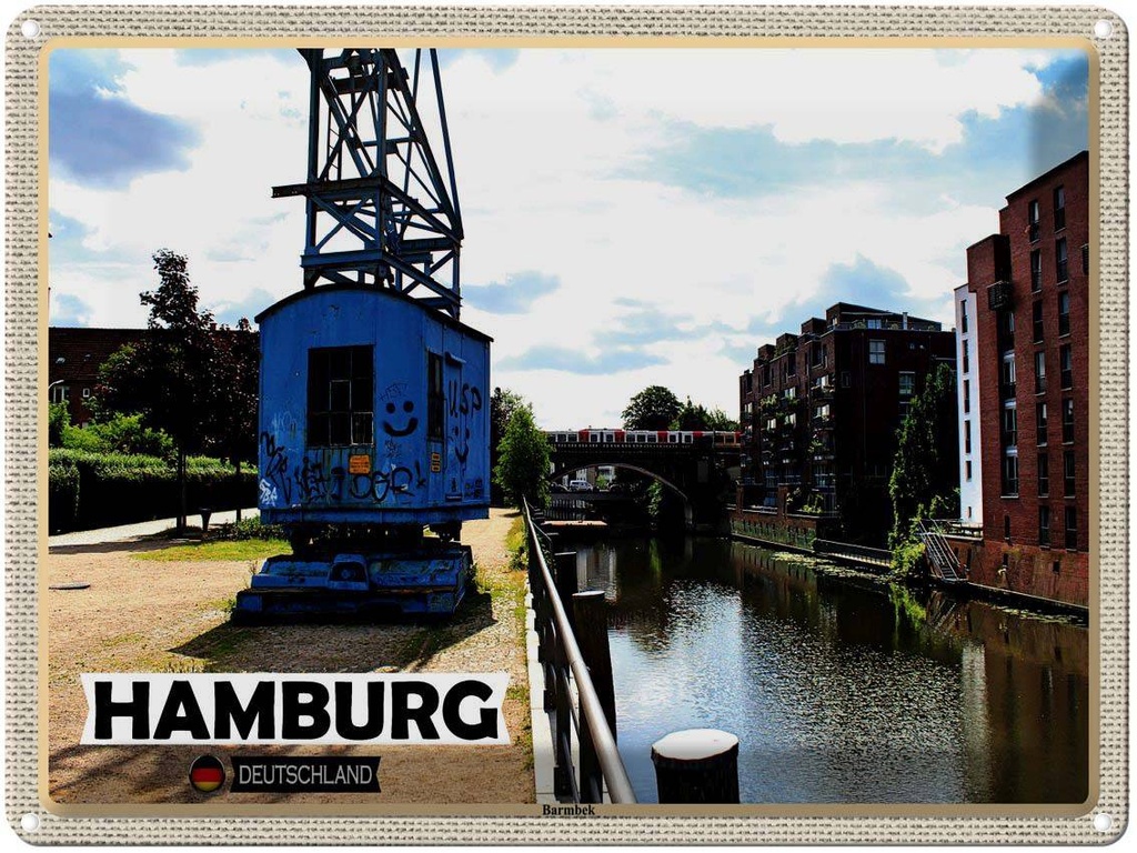 [LA-1792638] Blechschild 30x40 cm Hamburg Barmbeck Fluss Bildmotiv Reisemotiv Abenteuer Reisen