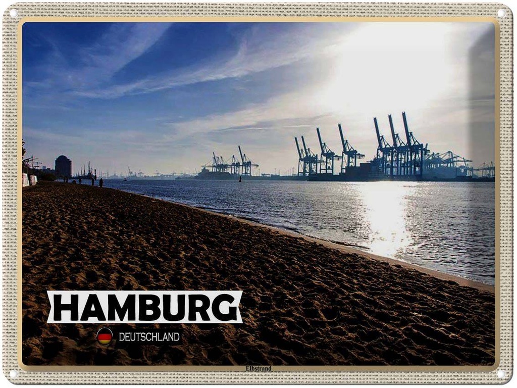 [LA-1792643] Blechschild 30x40 cm Hamburg Elbstrand Hafen Fluss Bildmotiv Reisemotiv Abenteuer Reisen