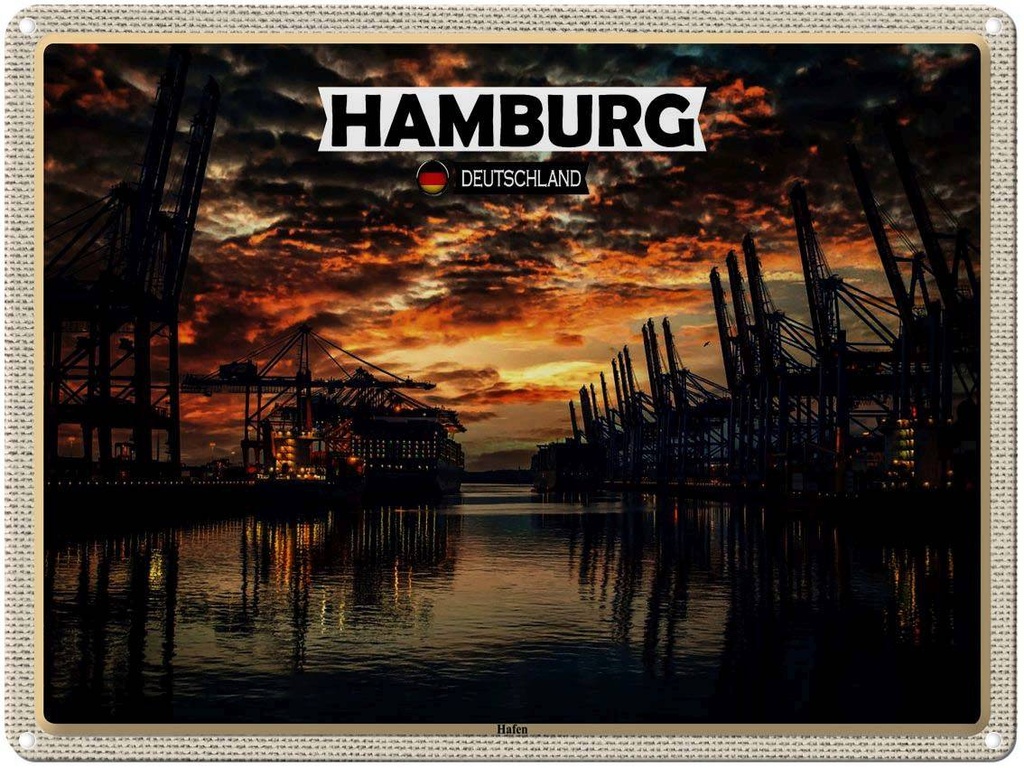 [LA-1792645] Blechschild 30x40 cm Hamburg Hafen Sonnenuntergang Bildmotiv Reisemotiv Abenteuer Reisen