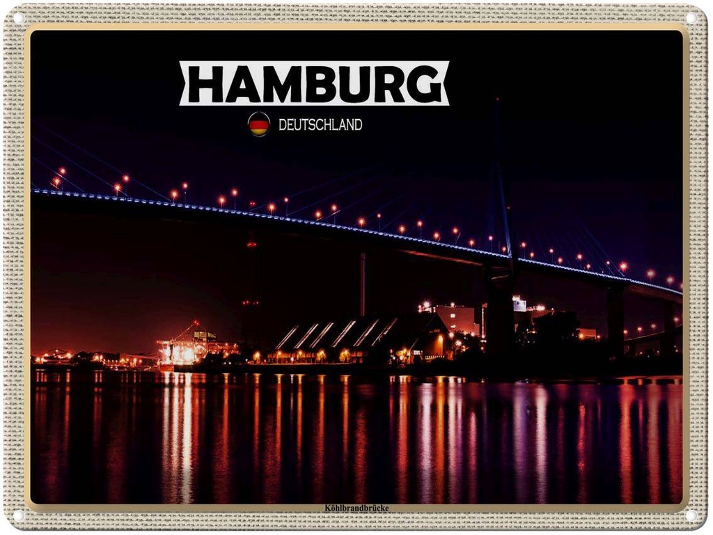 [LA-1792647] Blechschild 30x40 cm Hamburg Köhlbrandbrücke Nacht Bildmotiv Reisemotiv Abenteuer Reisen