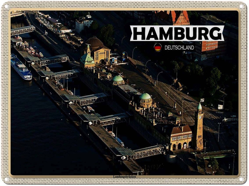[LA-1792648] Blechschild 30x40 cm Hamburg Blick auf Landungsbrücken Bildmotiv Reisemotiv Abenteuer Reisen