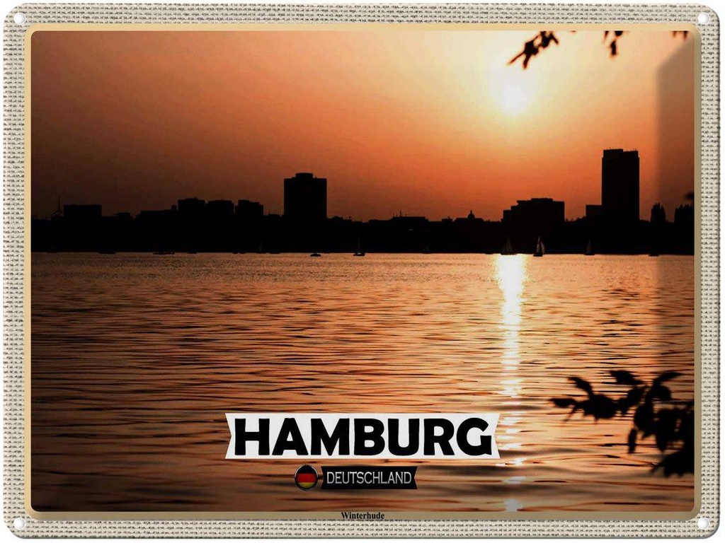 [LA-1792655] Blechschild 30x40 cm Hamburg Winterhude Sonnenuntergang Bildmotiv Reisemotiv Abenteuer Reisen