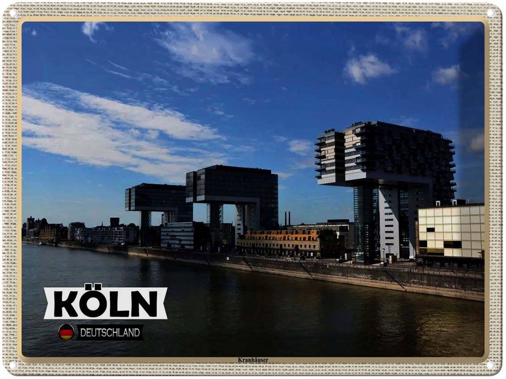 [LA-1792684] Blechschild 30x40 cm Köln Kranhäuser Rhein Fluss Bildmotiv Reisemotiv Abenteuer Reisen