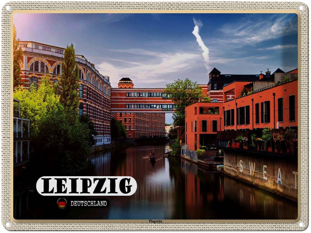 [LA-1792702] Blechschild 30x40 cm Leipzig Plagwitz Fluss Gebäude Bildmotiv Reisemotiv Abenteuer Reisen