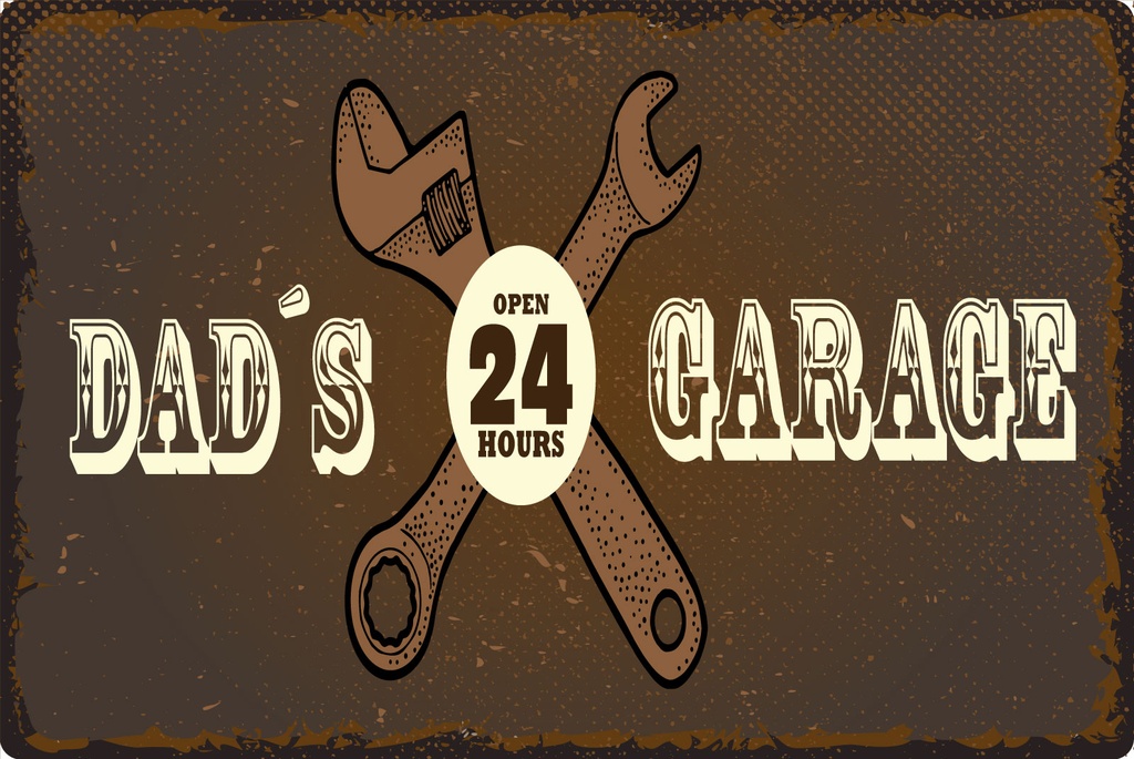 [LA-1812839] Blechschild 30x40 cm Dad´s Garage open 24 hours braunes