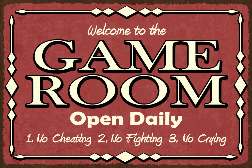 [LA-1812884] Blechschild 30x40 cm Game room open daily rotes
