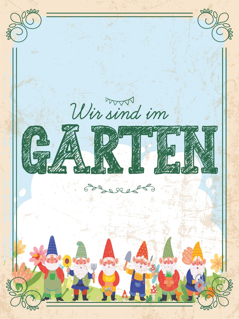 [LA-1813132] Blechschild 40x30 cm Wir sind im Garten Gartenzwerge