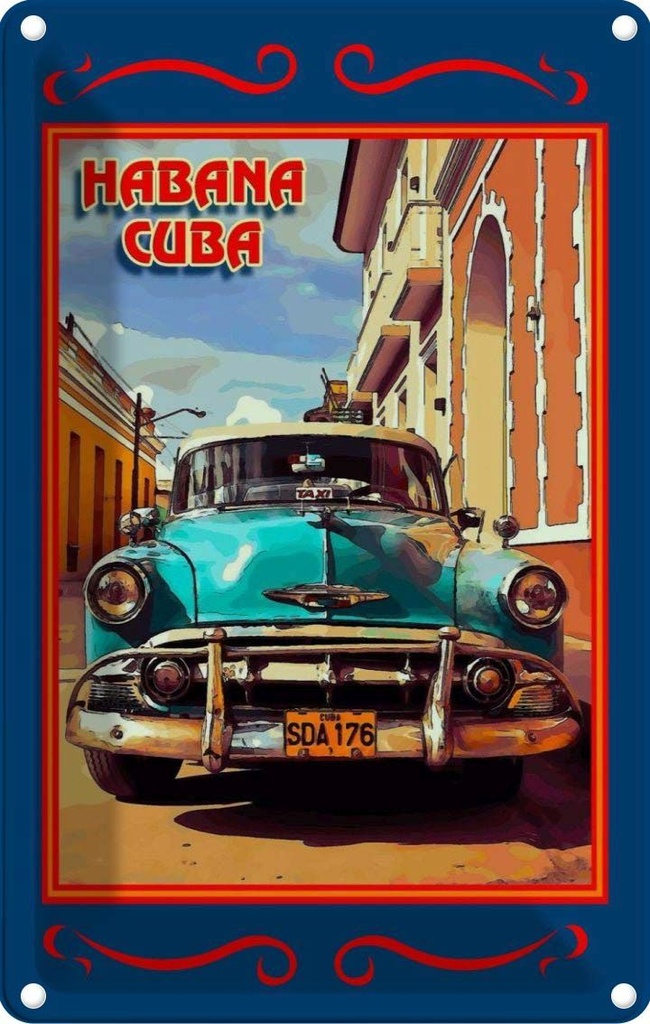 [LA-112559-1812] Blechschild 18x12 cm Cuba Habana USA Urlaub blaues Auto Bildmotiv Reisemotiv Abenteuer Reisen Amerika