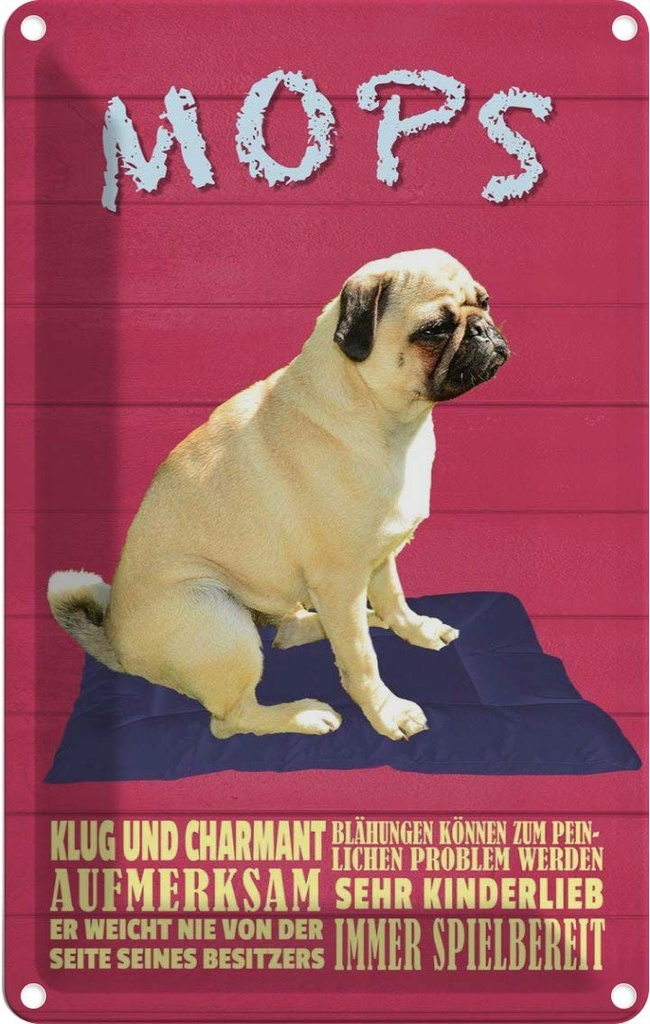 [LA-112599-1812] Blechschild 18x12 cm Mops Hund klug und charmant Tier Haustier