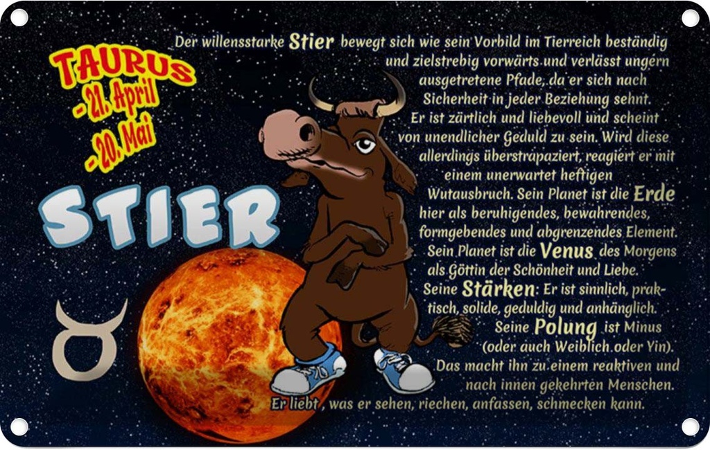 [LA-112158-2030] Blechschild 20x30 cm Sternzeichen Stier Planet Venus Dekoration Astrologie