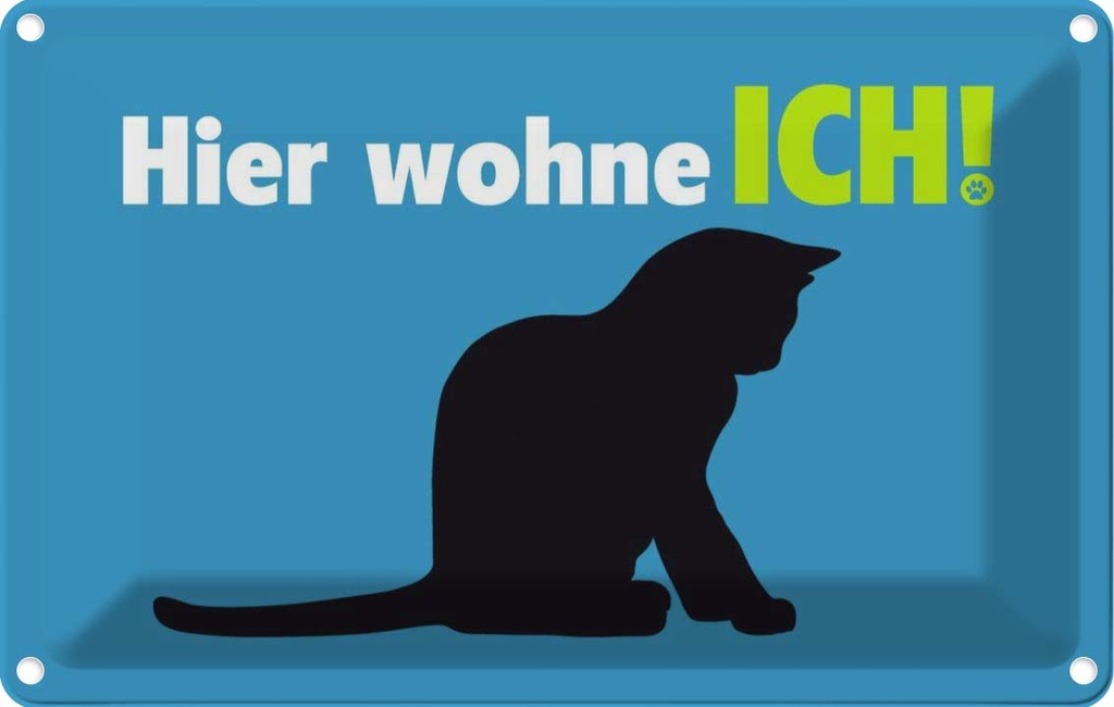[LA-112679-2030] Blechschild 20x30 cm Katze hier wohne ich blau Tier Haustier