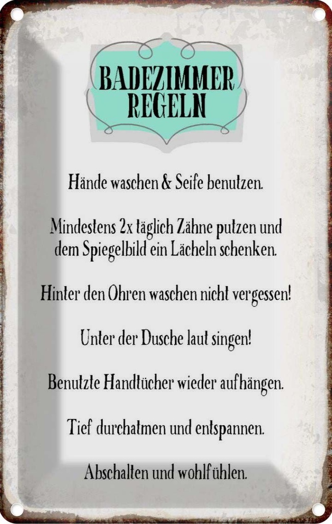 [LA-113242-1812] Blechschild 18x12 cm Badezimmer Regeln Hände waschen Spruch Zitat