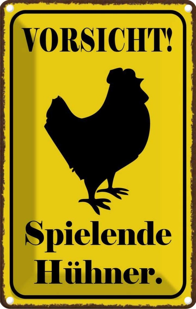[LA-113565-1812] Blechschild 18x12 cm Vorsicht spielende Hühner Warnschild Hinweisschild Sicherheit