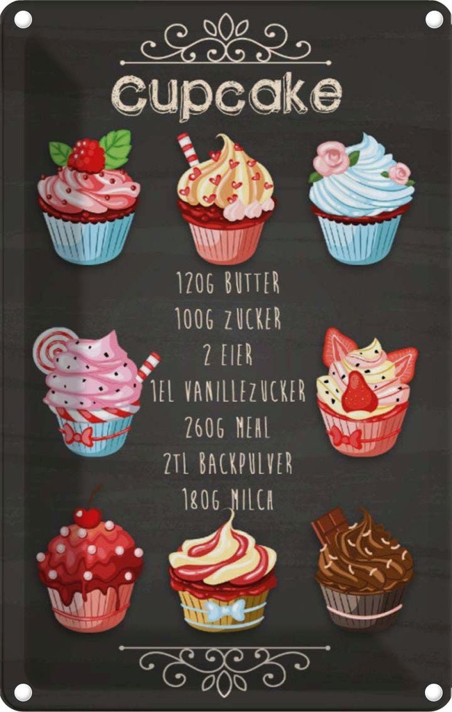 [LA-113597-1812] Blechschild 18x12 cm Rezept Cupcake 120G Butter Zucker England Essen Küche Backen