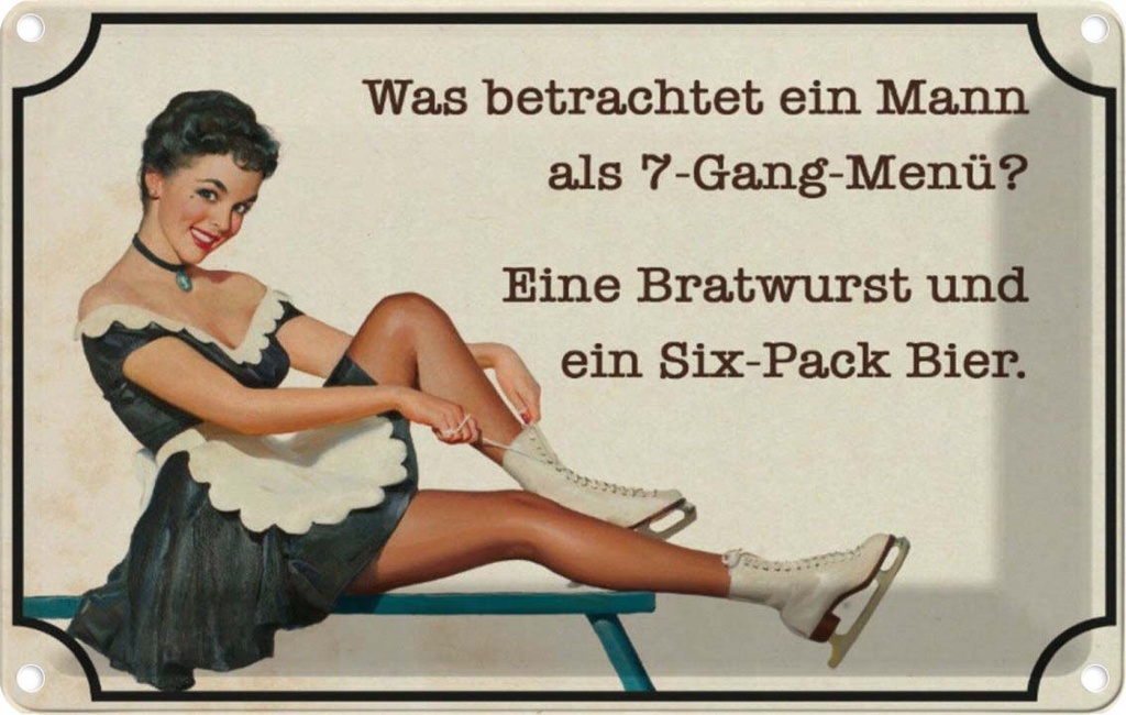[LA-113623-1812] Blechschild 12x18 cm 7-Gang-Menü Mann Wurst Bier Essen Trinken