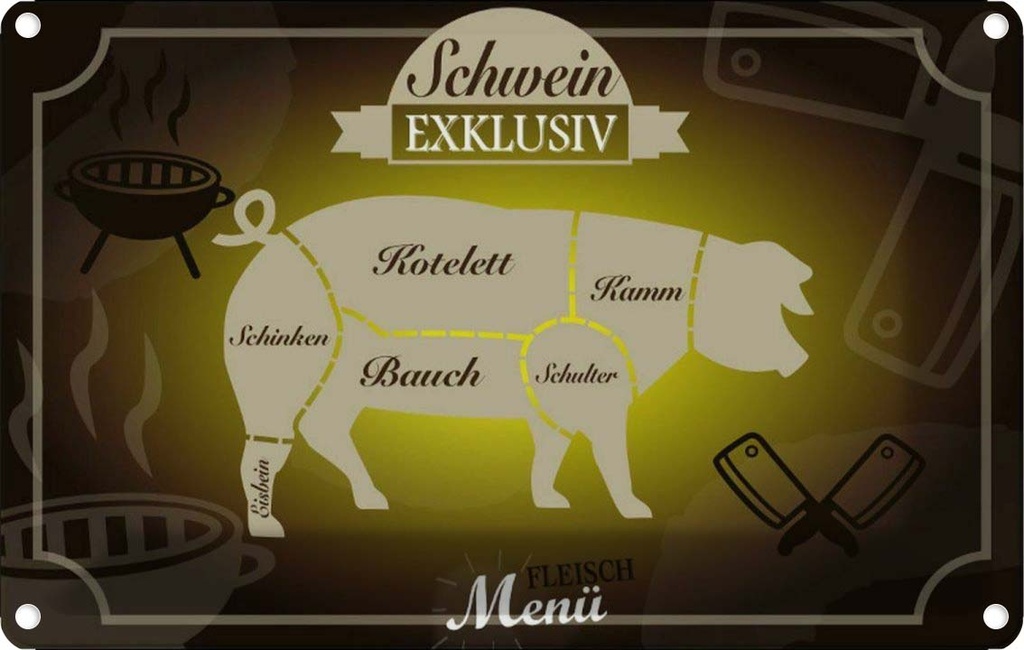 [LA-113645-1812] Blechschild 12x18 cm Fleisch Schwein exklusiv Menü Essen Trinken