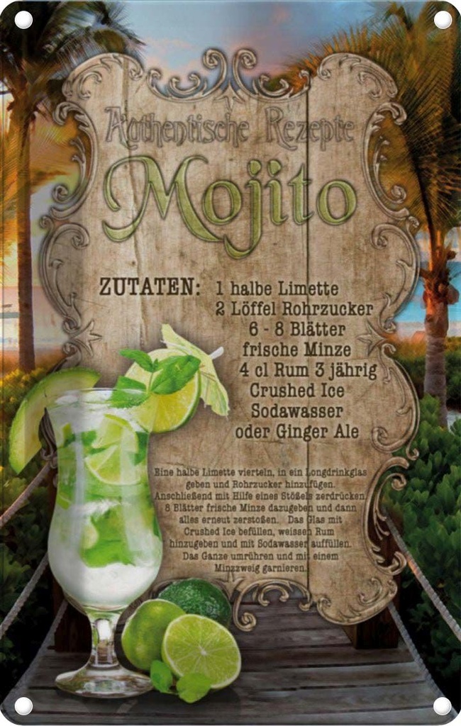 [LA-113668-1812] Blechschild 18x12 cm Rezept Mojito Zutaten Limette Minze England Restaurant Küche