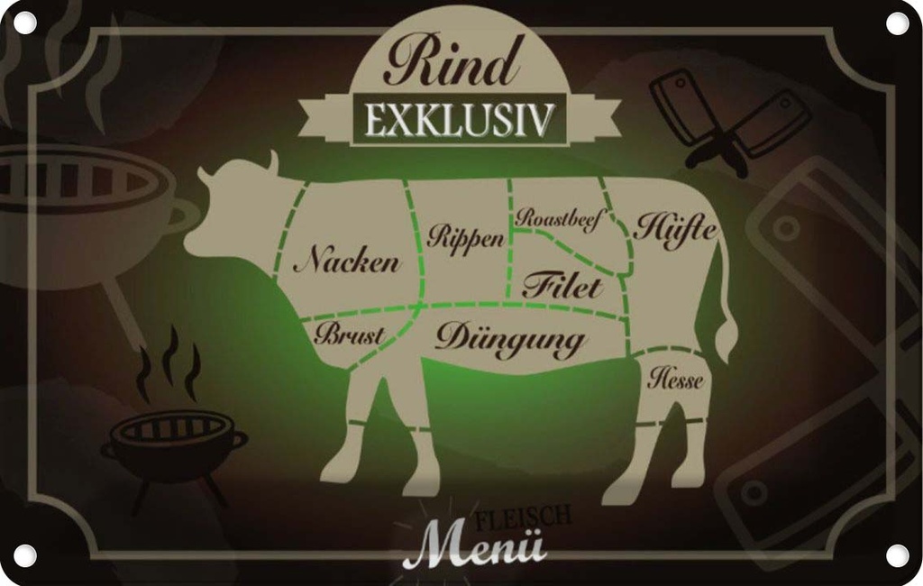 [LA-113699-1812] Blechschild 12x18 cm Fleisch Schnitte Rind exklusiv Menü Essen Trinken