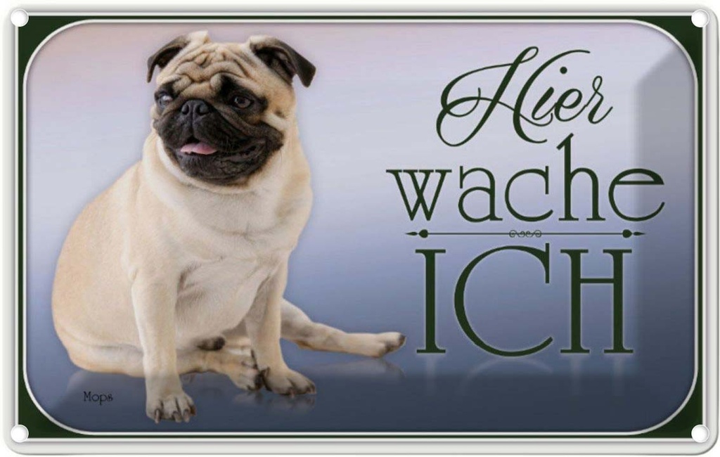 [LA-113752-1812] Blechschild 12x18 cm Hund Mops hier wache ich Tier Haustier