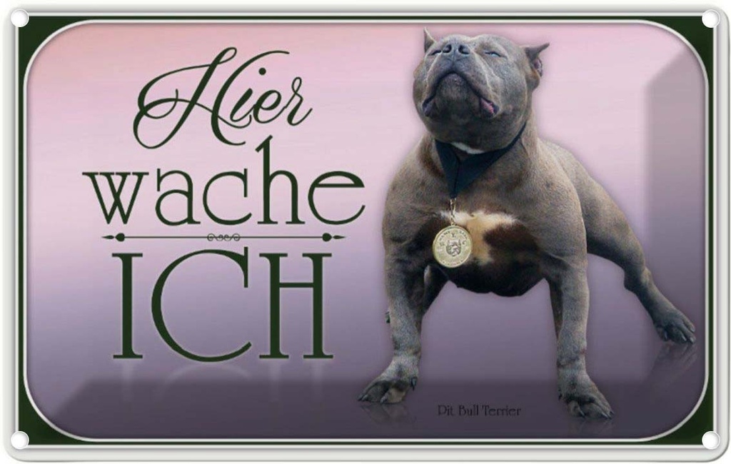 [LA-113755-1812] Blechschild 12x18 cm Hund Pit Bull Terrier hier wache ich Tier Haustier