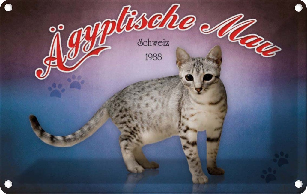 [LA-113785-1812] Blechschild 12x18 cm Katze Ägyptische Mau Schweiz 1988 Tier Haustier